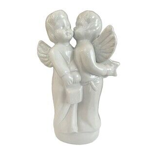 Vintage White Porcelain Double Cherub Angel Figurine Holding Star Gift 8"